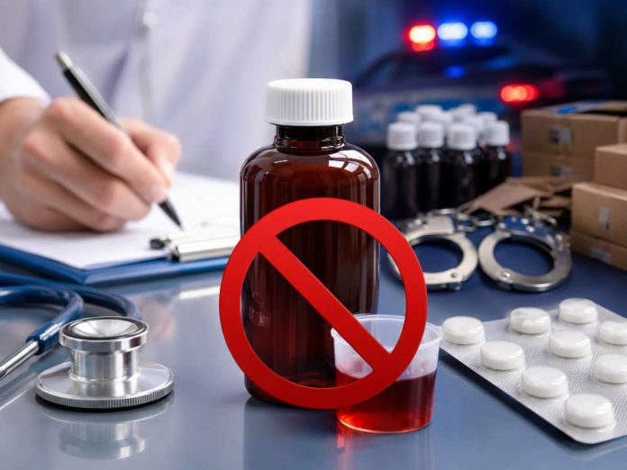 Medicine bottle with a red 'no' symbol in a medical desk scene (handwriting, stethoscope, pills) and police lights in the background, conveying 'no drugs' or drug prohibition.