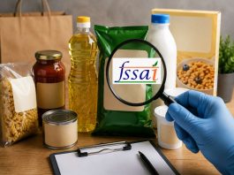 Gloved hand with a magnifying glass over a green packaged food showing the FSSAI logo among grocery items on a table