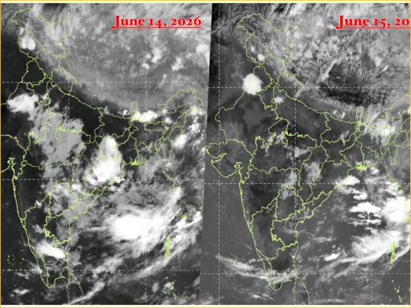 Two-panel satellite weather map of South Asia (June 14–15, 2016) showing cloud cover and storm activity with green country borders outlined on each panel.”] ,
