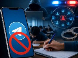 Hacker in a hoodie at a desk with a laptop; a smartphone shows Telegram with a red prohibition sign while a hand writes in a notebook; background includes a globe of network icons and handcuffs, suggesting cybercrime and anti-piracy themes.