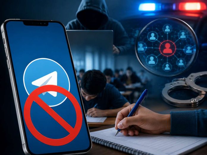 Hacker in a hoodie at a desk with a laptop; a smartphone shows Telegram with a red prohibition sign while a hand writes in a notebook; background includes a globe of network icons and handcuffs, suggesting cybercrime and anti-piracy themes.