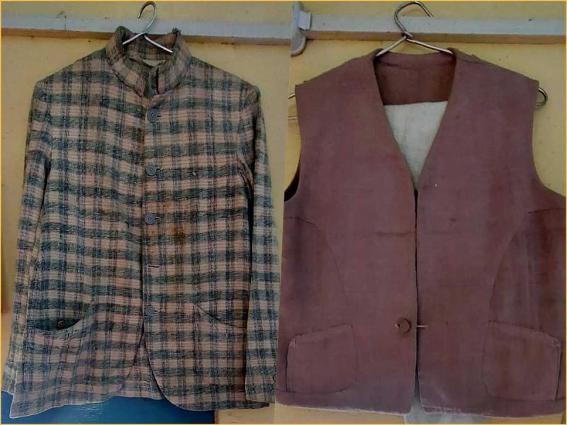 Two jackets: left is a brown plaid buttoned coat with a collar, right is a brown sleeveless vest with front pockets on hangers.