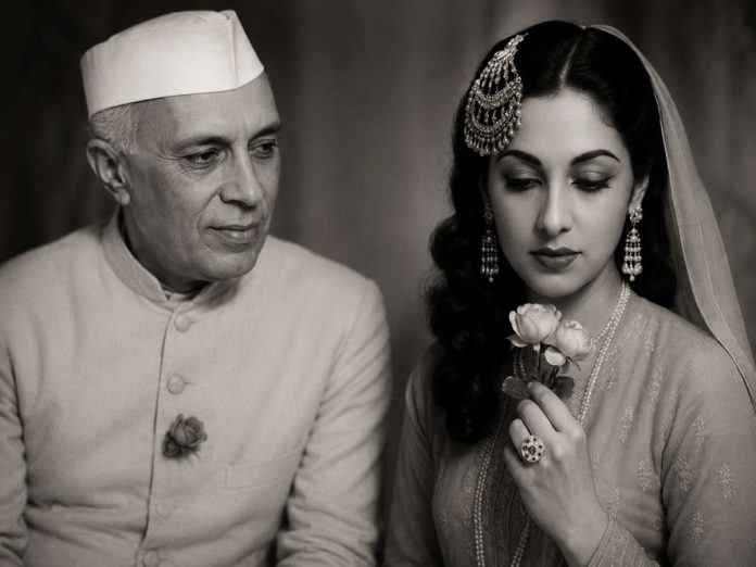 Vintage-style photo of a man in a white cap and traditional suit looking at a woman in embellished attire who holds a rose.