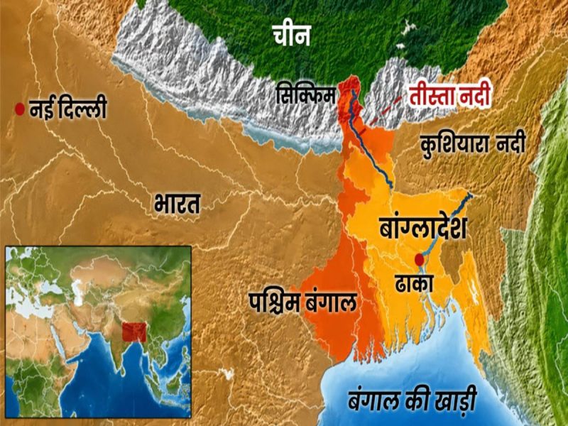teesta river route - bolebharat Hindi political map of eastern India and neighbors; पश्चिम बंगाल highlighted with Dhaka and Kathmandu labeled; Bay of Bengal at bottom right; Teesta river visible.