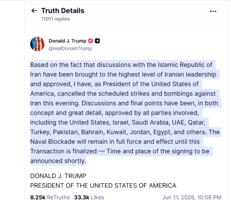 trum truth post - bolebharat Post from Donald J. Trump about cancelling planned strikes on Iran and listing allied countries (text from a Truth Details thread). The image shows a long block of quoted statements attributed to him.
