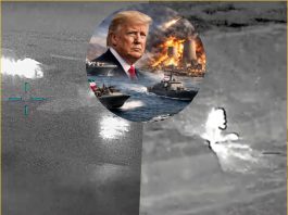 Circular montage of a man’s portrait over a wartime naval scene with ships and explosions, framed by a gun-sight overlay.
