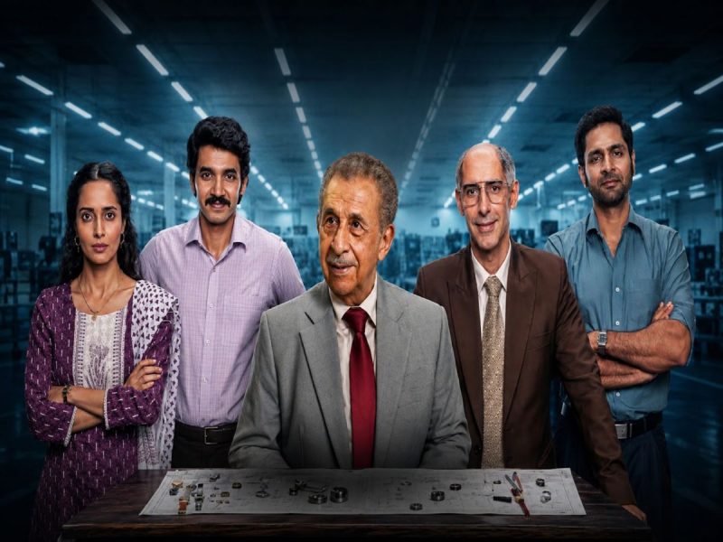 Five professionals pose behind a workbench with a technical blueprint in a factory-like setting.
