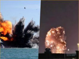 Split image showing a large sea explosion on the left with fire and black smoke, and a nighttime urban explosion on the right with a towering orange plume over buildings