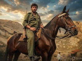 A man in a green military outfit sits upright on a dark brown horse in a desert landscape, a rifle on his back.