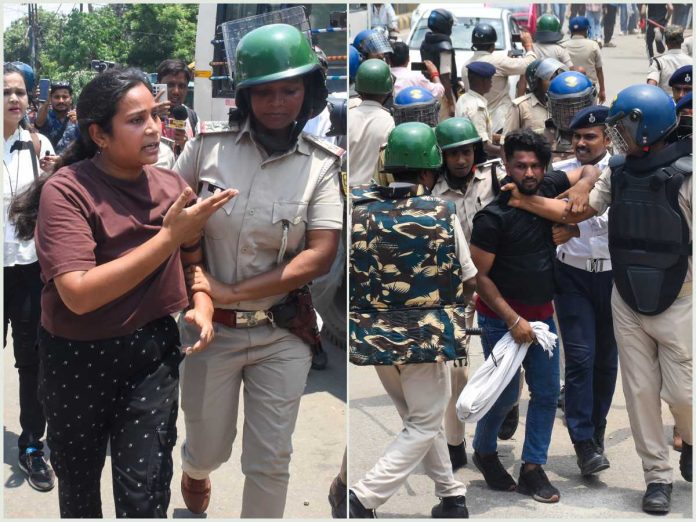 Split image: a female protester is guided by a beige-uniform police officer on a city street; crowd nearby records the moment with phones.