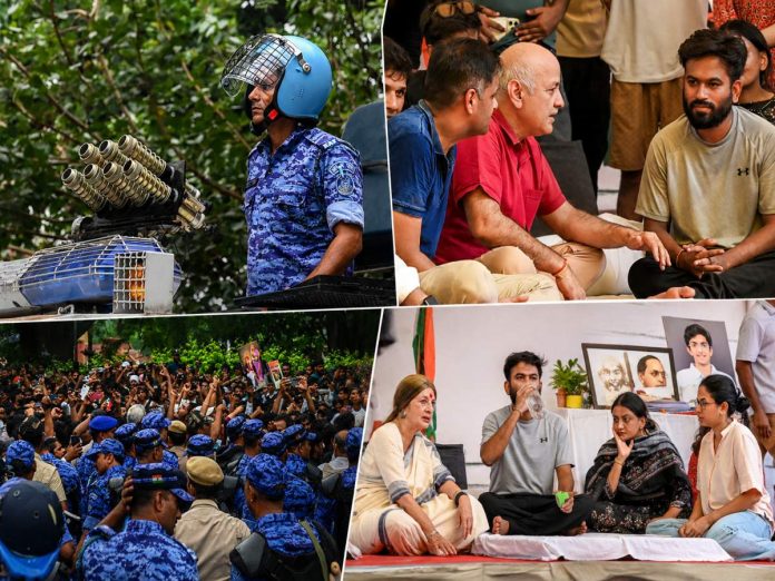 Collage showing a uniformed officer beside a multi-barrel weapon system, a group of people in a discussion, a large police crowd at a protest, and a seated meeting with portraits and the Indian flag in the background.