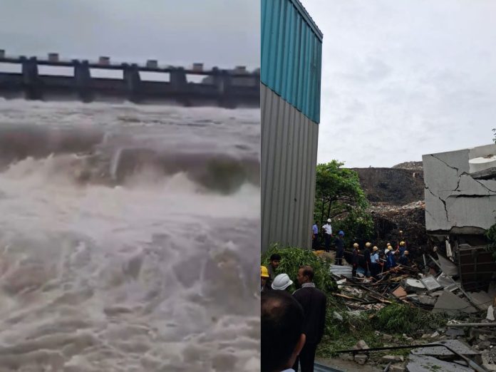 Split image: left shows rough floodwater near a railing; right shows rescue workers amid collapsed building debris.