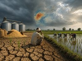 Farmer sits on cracked dry soil near silos while workers plant rice in a flooded field under a stormy sky, with an orange drought map overlay over India in the clouds.