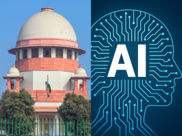 Split image: left side shows a domed Indian government building with an Indian flag; right side displays a blue circuit-board outline of a human head with the letters 'AI', representing artificial intelligence.