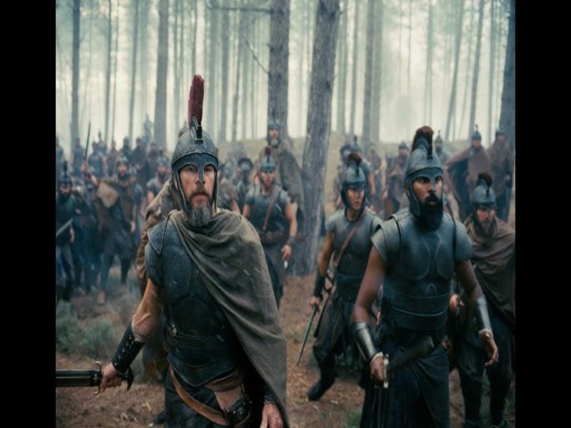 Group of Roman-style soldiers advancing through a misty forest, led by a commander with a red-plume helmet.
