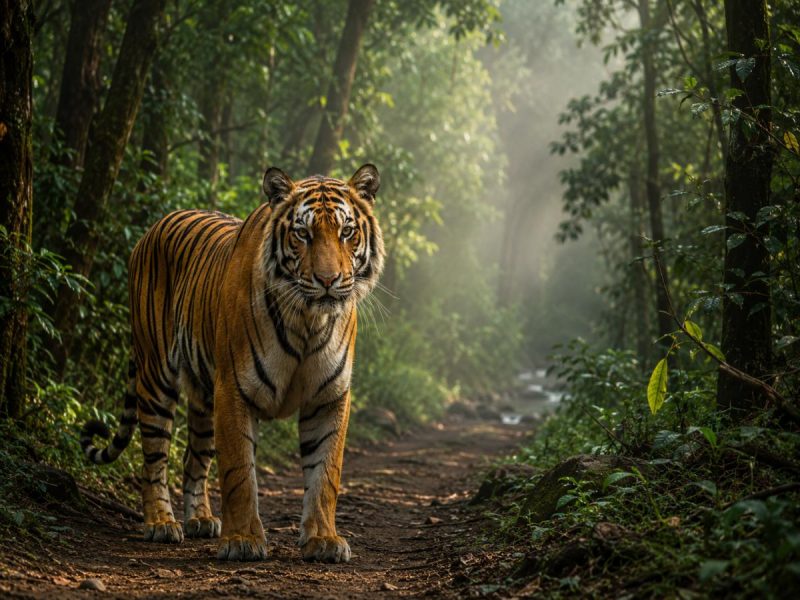 Tiger walking along a dirt forest trail surrounded by lush green vegetation.