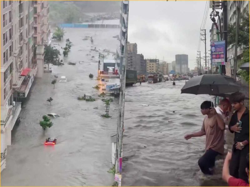 Urban flood in a city: left side shows submerged cars along a tall building-lined street; right side people wading in water with umbrellas.