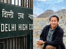 Split image: Delhi High Court sign in Hindi and English on the left; a man with gray hair sitting outdoors in a rocky mountain landscape on the right.