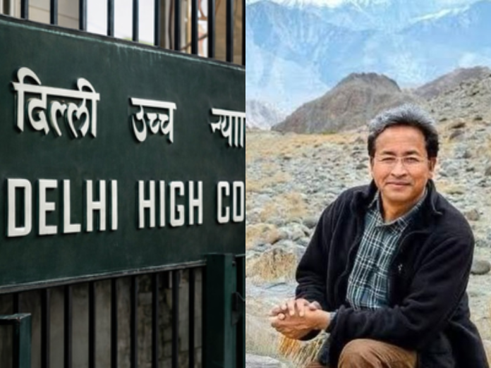 Split image: Delhi High Court sign in Hindi and English on the left; a man with gray hair sitting outdoors in a rocky mountain landscape on the right.