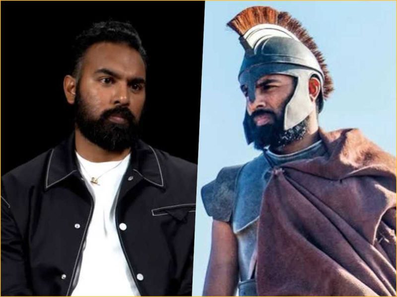 himesh patel - bolebharat Side-by-side: modern man with a beard wearing a black jacket and white shirt on the left; ancient Spartan warrior with a helmet and brown cloak on the right.
