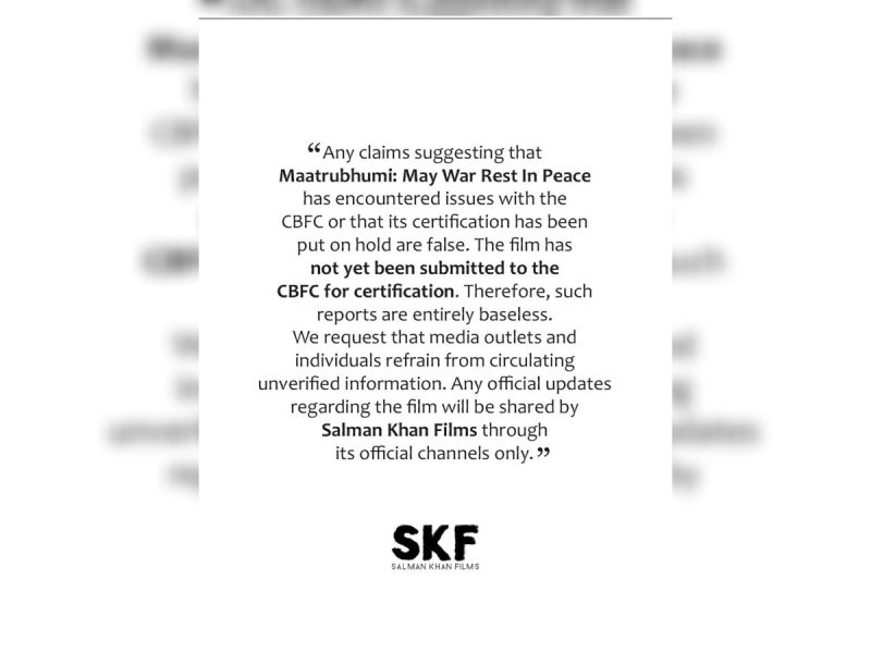 image 2 - bolebharat Center-aligned quote denying CBFC certification rumors for Maatrubhumi: May War Rest In Peace; the film hasn’t been submitted to the CBFC yet. SKF logo at bottom.