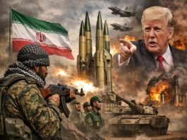 Military battle scene with soldiers, missiles, tanks, fires, an Iranian flag, and a man in a suit pointing ahead.