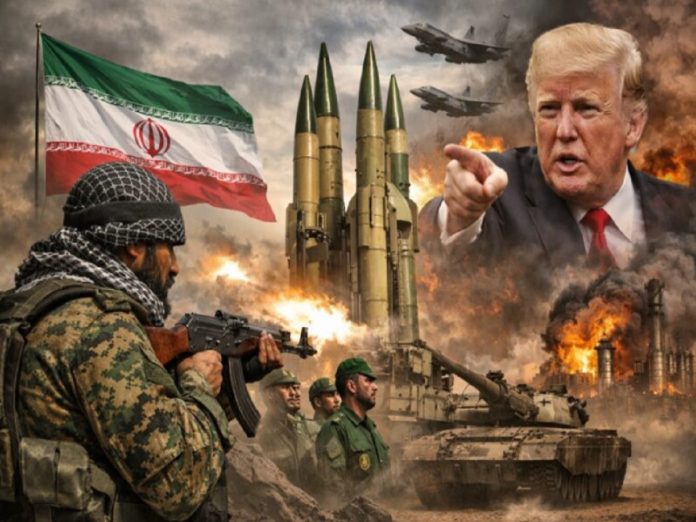 Military battle scene with soldiers, missiles, tanks, fires, an Iranian flag, and a man in a suit pointing ahead.