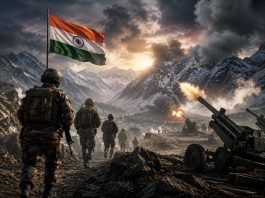 राज की बातः जब हर रात गोलाबारी होती थी और ‘राजा रामचंद्र जी की जय’ के साथ जवान बढ़ते थे आगे Indian soldiers advance across a rugged, snowy mountain battlefield with the national flag flying as artillery fires and smoke rises.