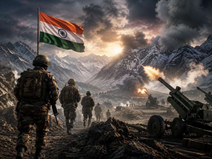 Indian soldiers advance across a rugged, snowy mountain battlefield with the national flag flying as artillery fires and smoke rises.