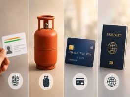 Four-panel collage showing: identity card with fingerprint symbol, a red gas cylinder, a blue payment card, and a navy passport with a globe logo; bottom icons echoing security themes.