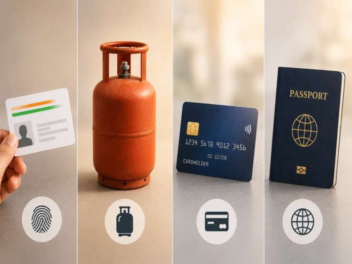 Four-panel collage showing: identity card with fingerprint symbol, a red gas cylinder, a blue payment card, and a navy passport with a globe logo; bottom icons echoing security themes.