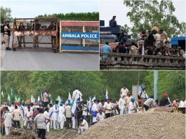 भारत-अमेरिका ट्रेड डील के खिलाफ किसानों का दिल्ली कूच, किसान घाट जा रहे 25 हिरासत में लिए गए, क्या है मांग? Collage of a police barricade labeled Ambala Police, an armored vehicle with officers, and a crowd of protesters with green and white flags.