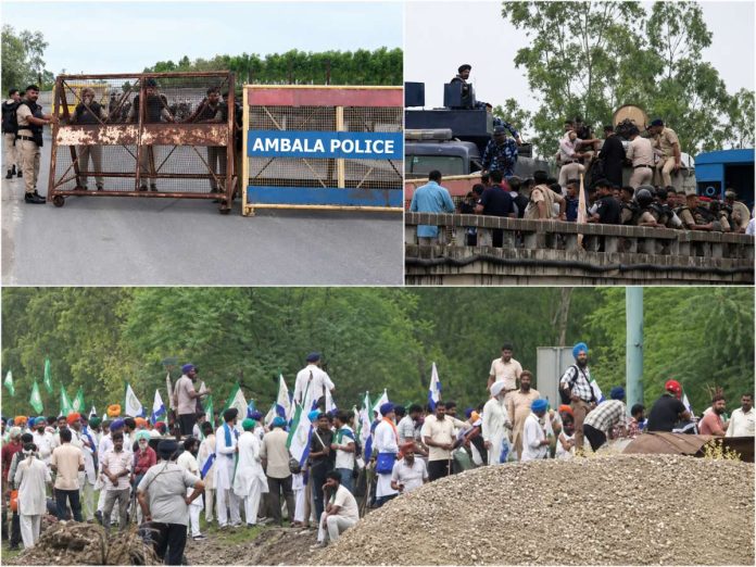Collage of a police barricade labeled Ambala Police, an armored vehicle with officers, and a crowd of protesters with green and white flags.