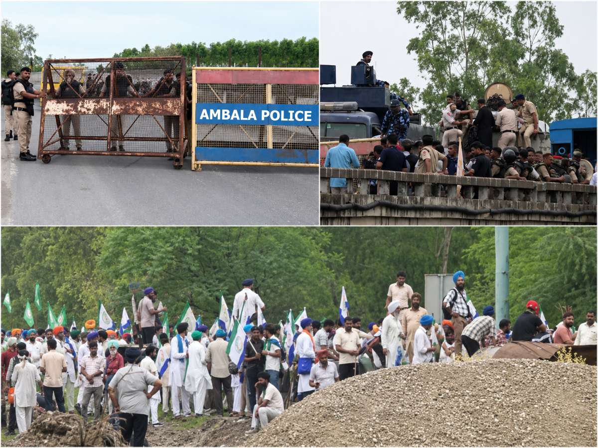 kisan andolan Collage of a police barricade labeled Ambala Police, an armored vehicle with officers, and a crowd of protesters with green and white flags.