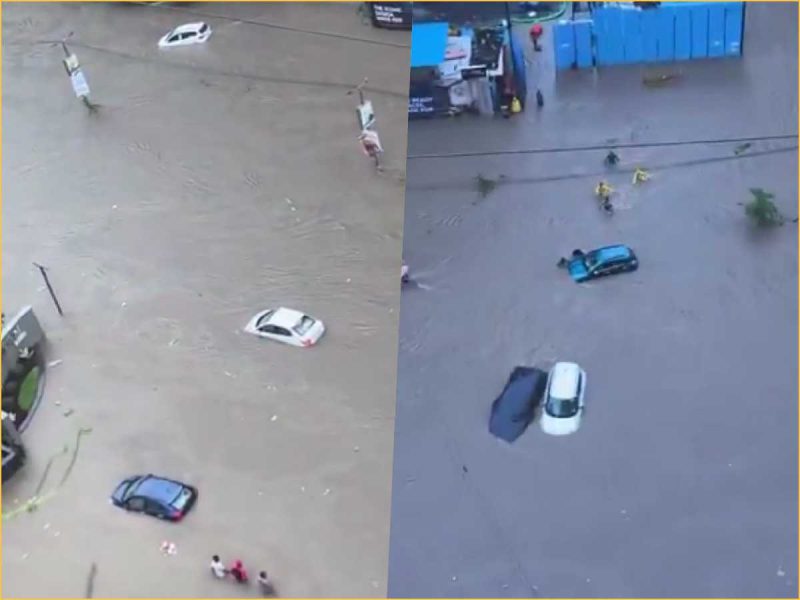 Aerial view of a city flooded, with several cars submerged and people wading through brown water on both sides of the split screen.