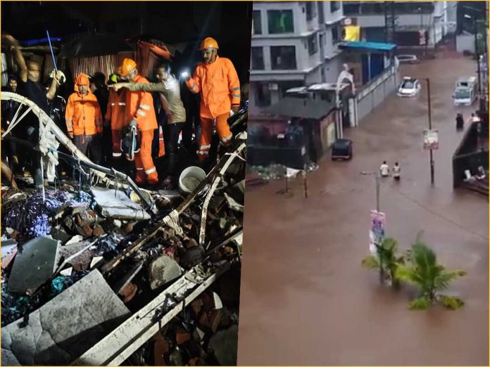 Rescue workers in orange gear search through rubble at night on the left; a flooded urban street with submerged cars on the right, showing a disaster scene.