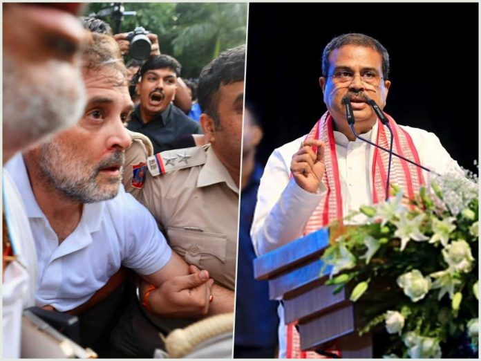 Split image: left side shows a bearded man in a white polo being restrained by police, crowd behind him; right side shows a man in white shirt speaking at a podium with a floral arrangement.