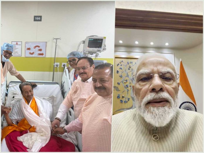 Two-panel image: left shows a patient in a hospital bed surrounded by doctors and staff; right shows a close-up of an elderly man with a white beard speaking, with a flag in the background.