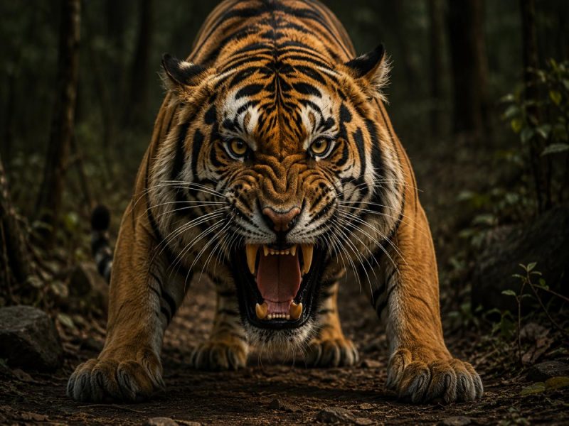 Tiger crouching low on a forest trail, snarling with bared teeth and amber eyes toward the camera.