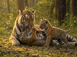 Mother tiger with two cubs playing at her side in a sunlit forest, on a leaf-strewn ground.