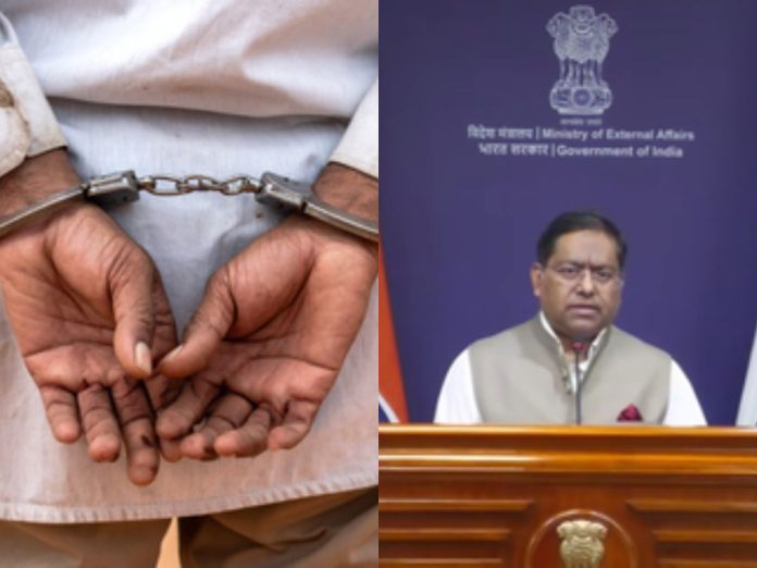 Left: person in handcuffs with wrists behind back; right: Indian government official speaking at a podium.