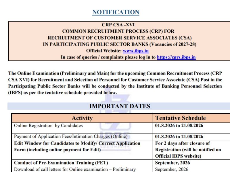 Notification document header 'NOTIFICATION' with CRP CSA XVI recruitment details and date table.