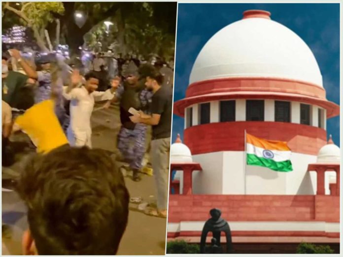 Left: a nighttime street celebration with people dancing and raising arms; right: the Indian flag flying in front of a white, domed government building.