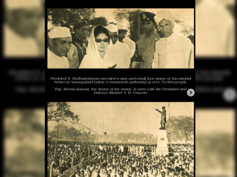 President S. Radhakrishnan unveiling a 9.5-foot statue of Jawaharlal Nehru at Aurangabad, with Meena Kumari and officials in a large crowd nearby.